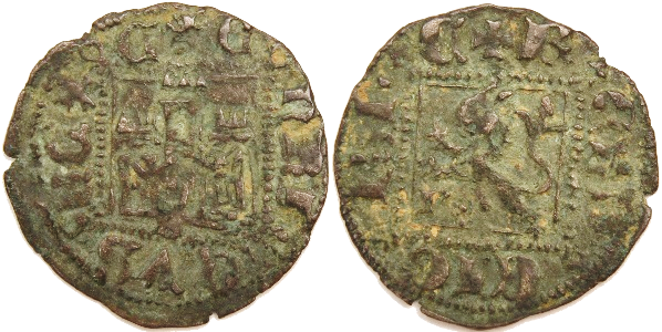 Tipo 2. “Dinero llano” del Ordenamiento de Cuenca, con Castillo y León sin coronar en orla cuadrada