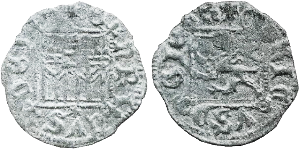 Tipo 2. “Dinero llano” del Ordenamiento de Cuenca, con Castillo y León sin coronar en orla cuadrada