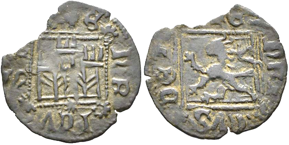 Tipo 2. “Dinero llano” del Ordenamiento de Cuenca, con Castillo y León sin coronar en orla cuadrada