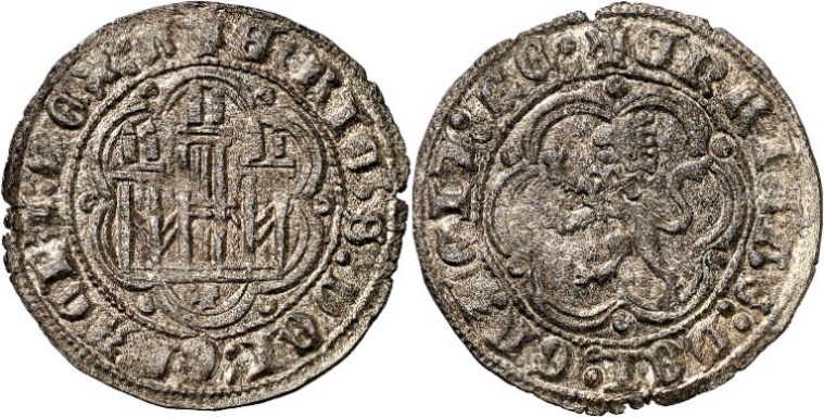 Tipo 1. Blanca de vellón con Castillo y León en orla polilobulada