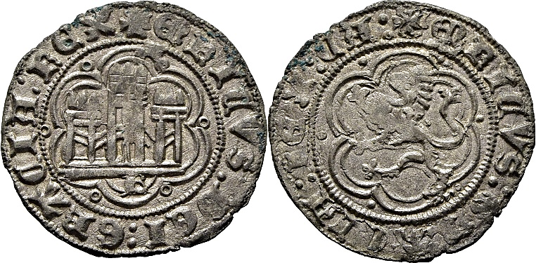 Tipo 1. Blanca de vellón con Castillo y León en orla polilobulada