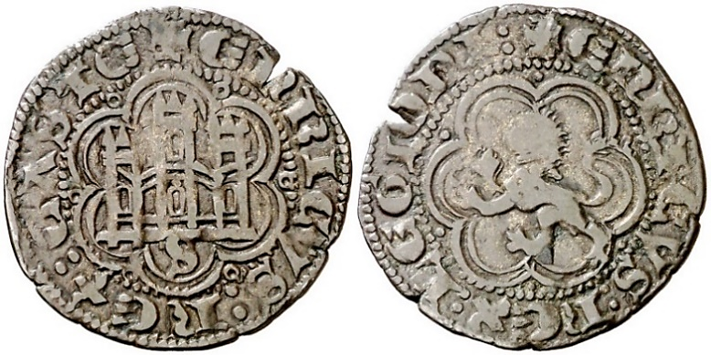 Tipo 1. Blanca de vellón con Castillo y León en orla polilobulada