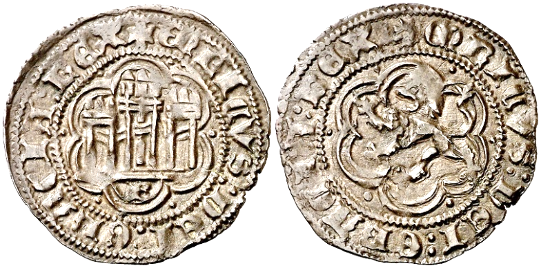 Tipo 1. Blanca de vellón con Castillo y León en orla polilobulada