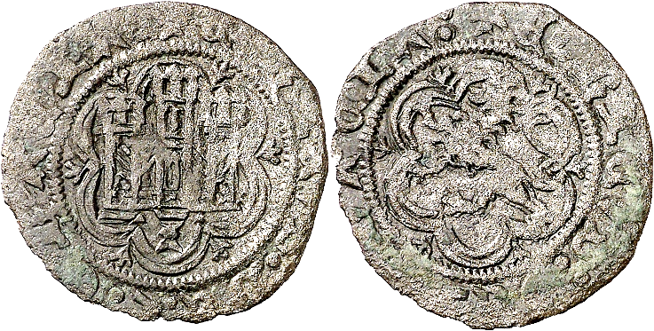 Tipo 1. Blanca de vellón con Castillo y León en orla polilobulada