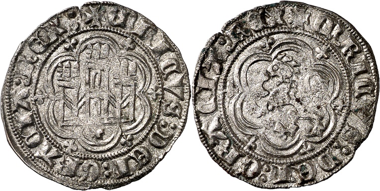Tipo 1. Blanca de vell&oacute;n con Castillo y Le&oacute;n en orla polilobulada
