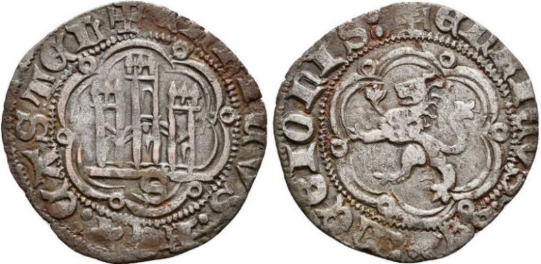 Tipo 1. Blanca de vell&oacute;n con Castillo y Le&oacute;n en orla polilobulada