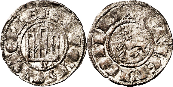 Tipo 1. Dinero fernandino con Castillo y Le&oacute;n y con lema &ldquo;F Regis&rdquo;