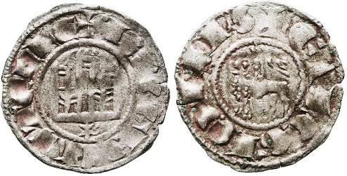 Tipo 1. Dinero fernandino con Castillo y Le&oacute;n y con lema &ldquo;F Regis&rdquo;