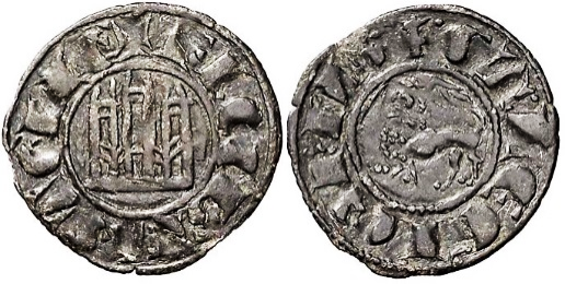 Tipo 1. Dinero fernandino con Castillo y Le&oacute;n y con lema &ldquo;F Regis&rdquo;