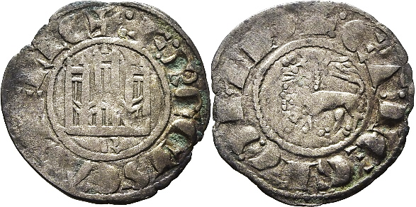 Tipo 1. Dinero fernandino con Castillo y Le&oacute;n y con lema &ldquo;F Regis&rdquo;