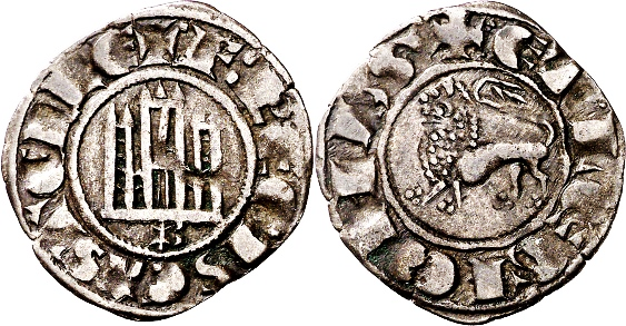 Tipo 1. Dinero fernandino con Castillo y Le&oacute;n y con lema &ldquo;F Regis&rdquo;
