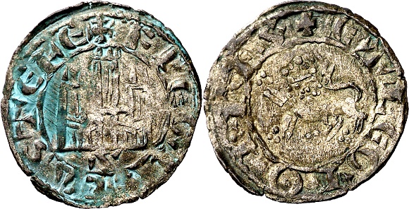 Tipo 1. Dinero fernandino con Castillo y Le&oacute;n y con lema &ldquo;F Regis&rdquo;