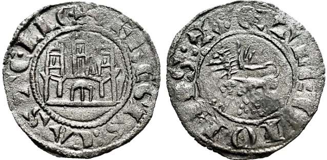 Tipo 1. Dinero fernandino con Castillo y Le&oacute;n y con lema &ldquo;F Regis&rdquo;