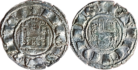 Tipo 1. Dinero fernandino con Castillo y Le&oacute;n y con lema &ldquo;F Regis&rdquo;
