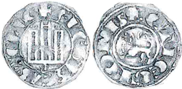 Tipo 1. Dinero fernandino con Castillo y Le&oacute;n y con lema &ldquo;F Regis&rdquo;
