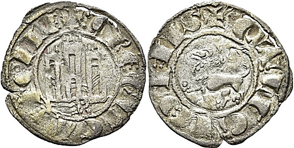 Tipo 1. Dinero fernandino con Castillo y Le&oacute;n y con lema &ldquo;F Regis&rdquo;