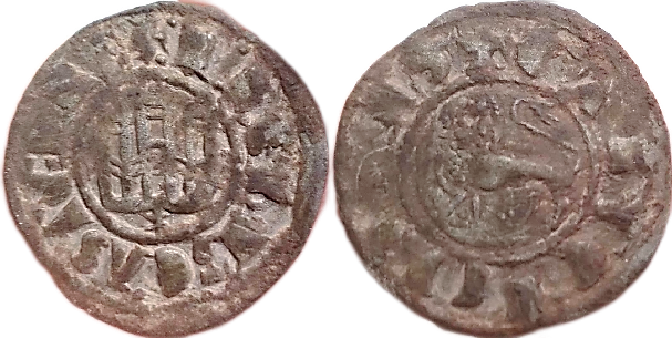 Tipo 1. Dinero fernandino con Castillo y Le&oacute;n y con lema &ldquo;F Regis&rdquo;