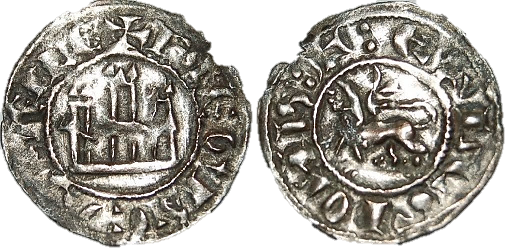 Tipo 1. Dinero fernandino con Castillo y Le&oacute;n y con lema &ldquo;F Regis&rdquo;