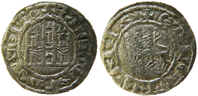Tipo 1. Dinero fernandino con Castillo y Le&oacute;n y con lema &ldquo;F Regis&rdquo;
