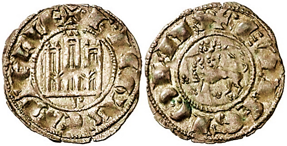 Tipo 1. Dinero fernandino con Castillo y Le&oacute;n y con lema &ldquo;F Regis&rdquo;