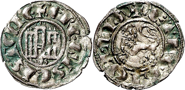 Tipo 1. Dinero fernandino con Castillo y Le&oacute;n y con lema &ldquo;F Regis&rdquo;