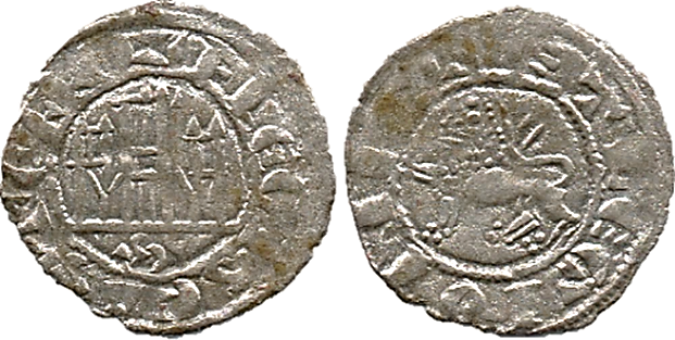 Tipo 1. Dinero fernandino con Castillo y Le&oacute;n y con lema &ldquo;F Regis&rdquo;