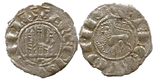 Tipo 1. Dinero fernandino con Castillo y Le&oacute;n y con lema &ldquo;F Regis&rdquo;