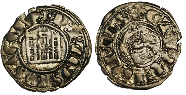 Tipo 1. Dinero fernandino con Castillo y Le&oacute;n y con lema &ldquo;F Regis&rdquo;