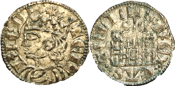 Tipo 29. Cornado de buena ley de las Cortes de Toro de 1373, con busto de rey de perfil y castillo, ambos sin gr&aacute;filas