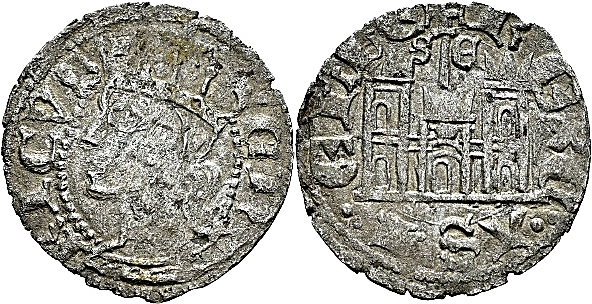 Tipo 29. Cornado de buena ley de las Cortes de Toro de 1373, con busto de rey de perfil y castillo, ambos sin gr&aacute;filas