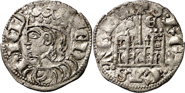 Tipo 29. Cornado de buena ley de las Cortes de Toro de 1373, con busto de rey de perfil y castillo, ambos sin gr&aacute;filas