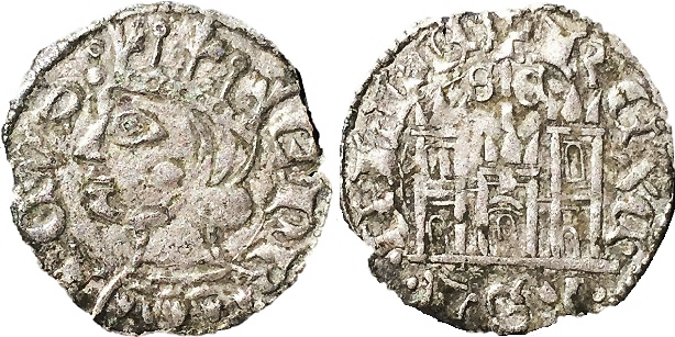 Tipo 29. Cornado de buena ley de las Cortes de Toro de 1373, con busto de rey de perfil y castillo, ambos sin gr&aacute;filas