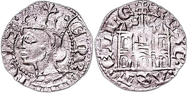 Tipo 29. Cornado de buena ley de las Cortes de Toro de 1373, con busto de rey de perfil y castillo, ambos sin gr&aacute;filas