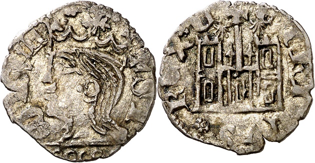 Tipo 29. Cornado de buena ley de las Cortes de Toro de 1373, con busto de rey de perfil y castillo, ambos sin gr&aacute;filas