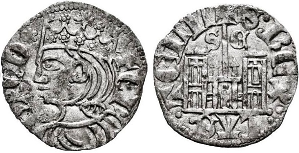 Tipo 29. Cornado de buena ley de las Cortes de Toro de 1373, con busto de rey de perfil y castillo, ambos sin gr&aacute;filas