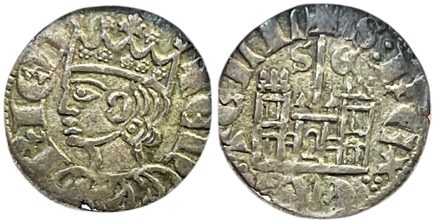 Tipo 29. Cornado de buena ley de las Cortes de Toro de 1373, con busto de rey de perfil y castillo, ambos sin gr&aacute;filas