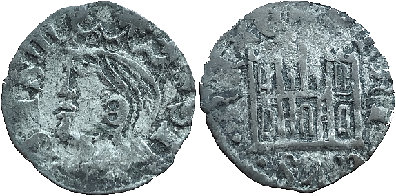 Tipo 29. Cornado de buena ley de las Cortes de Toro de 1373, con busto de rey de perfil y castillo, ambos sin gr&aacute;filas
