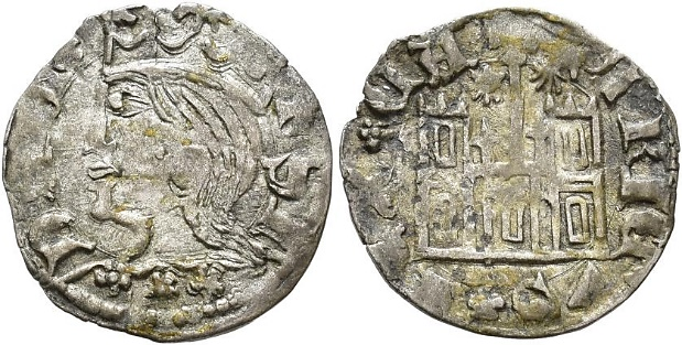 Tipo 29. Cornado de buena ley de las Cortes de Toro de 1373, con busto de rey de perfil y castillo, ambos sin gr&aacute;filas