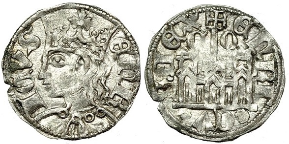 Tipo 29. Cornado de buena ley de las Cortes de Toro de 1373, con busto de rey de perfil y castillo, ambos sin gr&aacute;filas