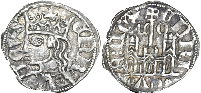 Tipo 29. Cornado de buena ley de las Cortes de Toro de 1373, con busto de rey de perfil y castillo, ambos sin gr&aacute;filas