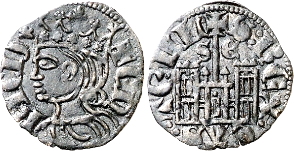 Tipo 29. Cornado de buena ley de las Cortes de Toro de 1373, con busto de rey de perfil y castillo, ambos sin gr&aacute;filas