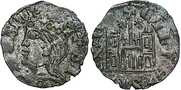 Tipo 29. Cornado de buena ley de las Cortes de Toro de 1373, con busto de rey de perfil y castillo, ambos sin gr&aacute;filas