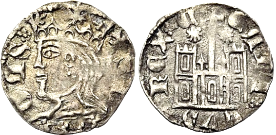 Tipo 29. Cornado de buena ley de las Cortes de Toro de 1373, con busto de rey de perfil y castillo, ambos sin gr&aacute;filas