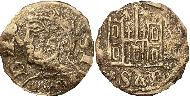 Tipo 29. Cornado de buena ley de las Cortes de Toro de 1373, con busto de rey de perfil y castillo, ambos sin gr&aacute;filas