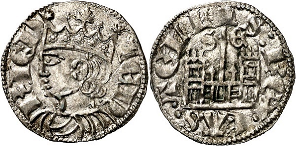 Tipo 29. Cornado de buena ley de las Cortes de Toro de 1373, con busto de rey de perfil y castillo, ambos sin gr&aacute;filas