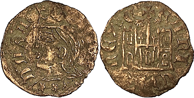 Tipo 29. Cornado de buena ley de las Cortes de Toro de 1373, con busto de rey de perfil y castillo, ambos sin gr&aacute;filas