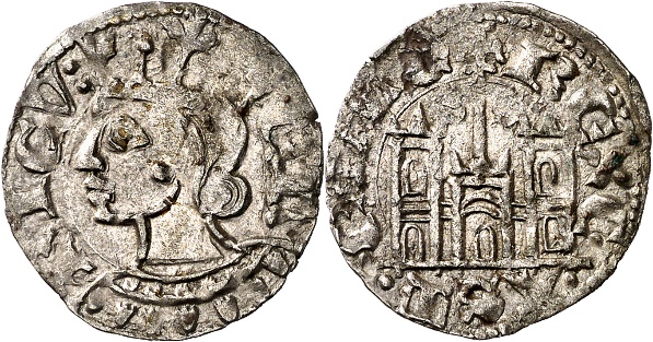 Tipo 29. Cornado de buena ley de las Cortes de Toro de 1373, con busto de rey de perfil y castillo, ambos sin gr&aacute;filas