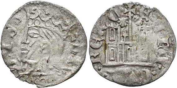 Tipo 29. Cornado de buena ley de las Cortes de Toro de 1373, con busto de rey de perfil y castillo, ambos sin gr&aacute;filas