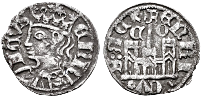 Tipo 29. Cornado de buena ley de las Cortes de Toro de 1373, con busto de rey de perfil y castillo, ambos sin gr&aacute;filas