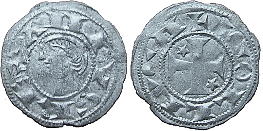 Tipo 30. Dinero toledano de buena t&eacute;cnica con leyenda &ldquo;Tolleta&rdquo;, y con estrellas de cinco puntas en primer y cuarto cuadrante